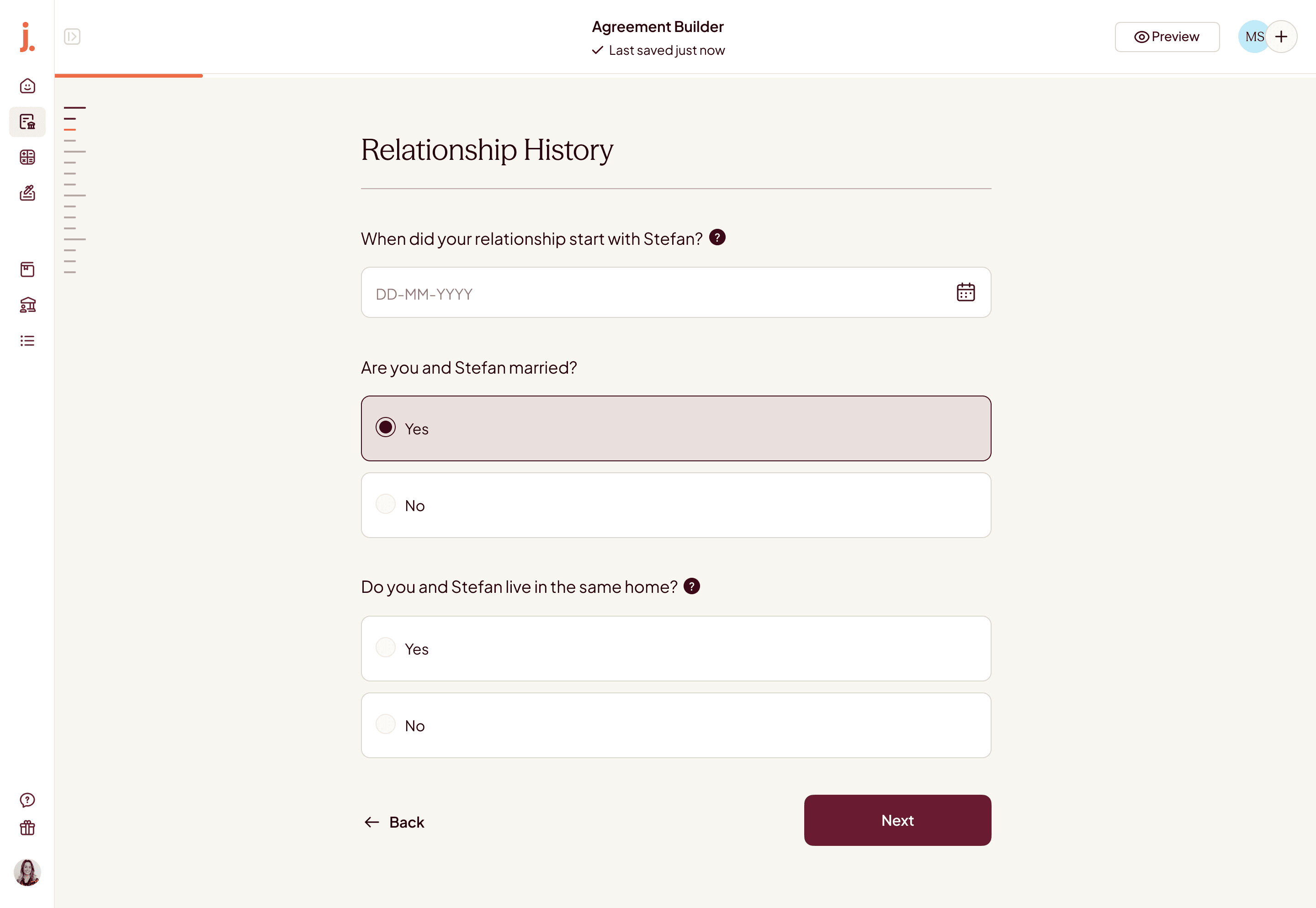 The Jointly builder open on the Relationship History section, with questions about the couple’s start date and living situation.