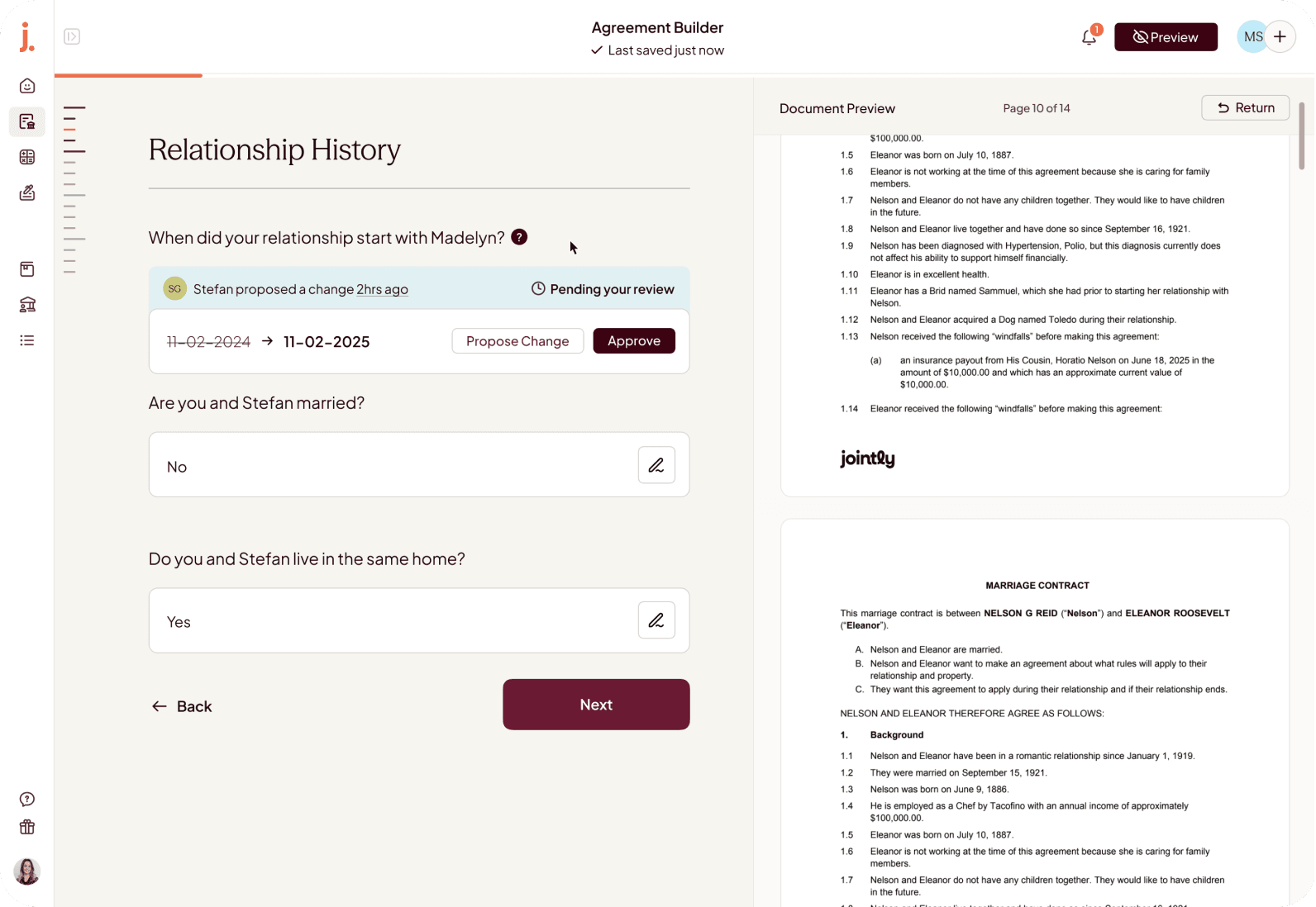 The Jointly builder showing a partner’s proposed change to a Relationship History answer, awaiting review, with the live document preview alongside.
