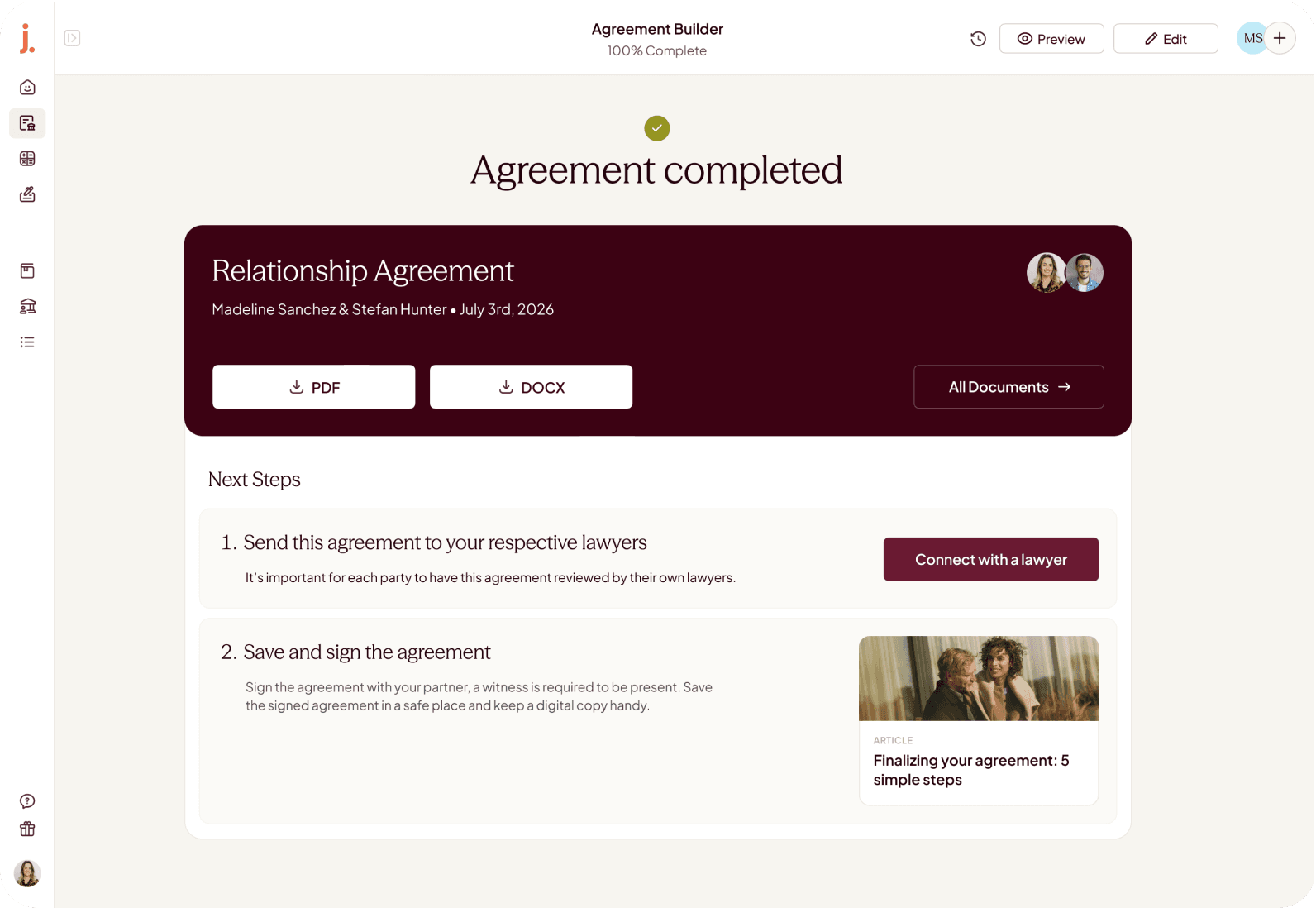 The Jointly builder with the agreement marked complete, offering PDF and DOCX downloads and next steps to sign with a lawyer.