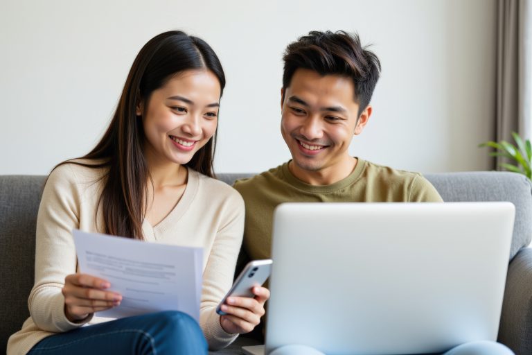 Young Asian Couple Engaged in Collaborative Work at Home, Using Laptop and Smartphone While Reviewing Documents in a Cozy Living Room Setting