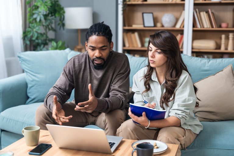 Couple discussing a prenuptial agreement
